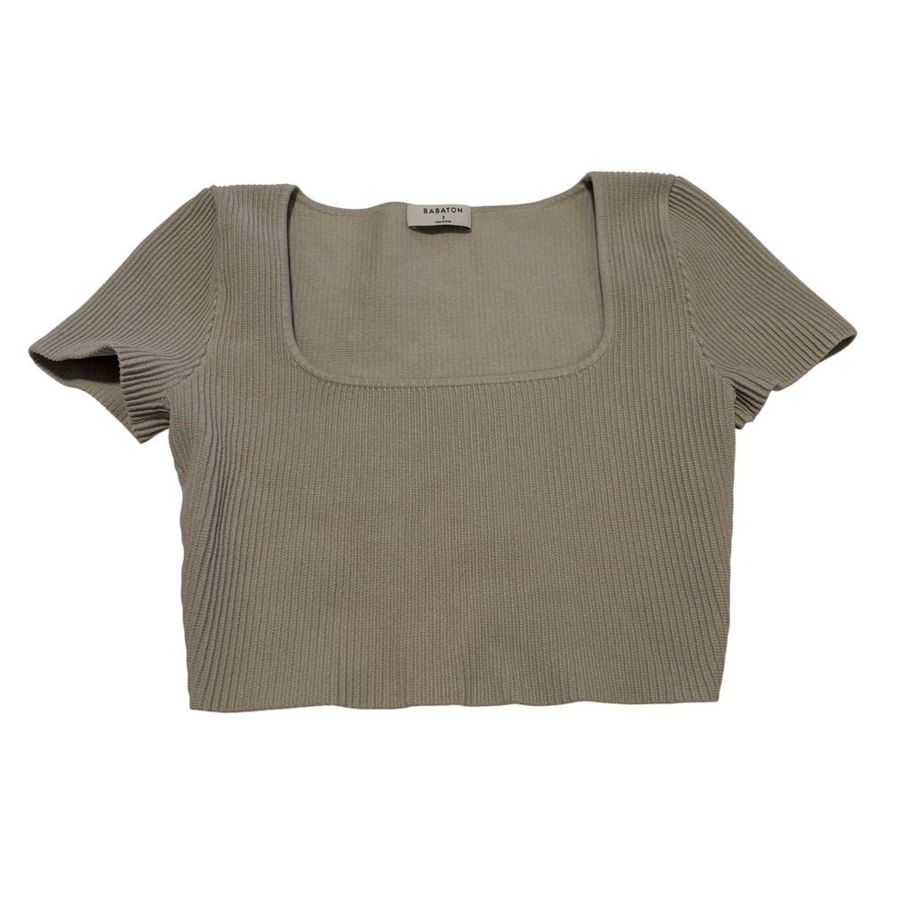 Babaton Aritzia Sculpt Knit Squareneck Cropped T-Shirt Taupe Beige Small